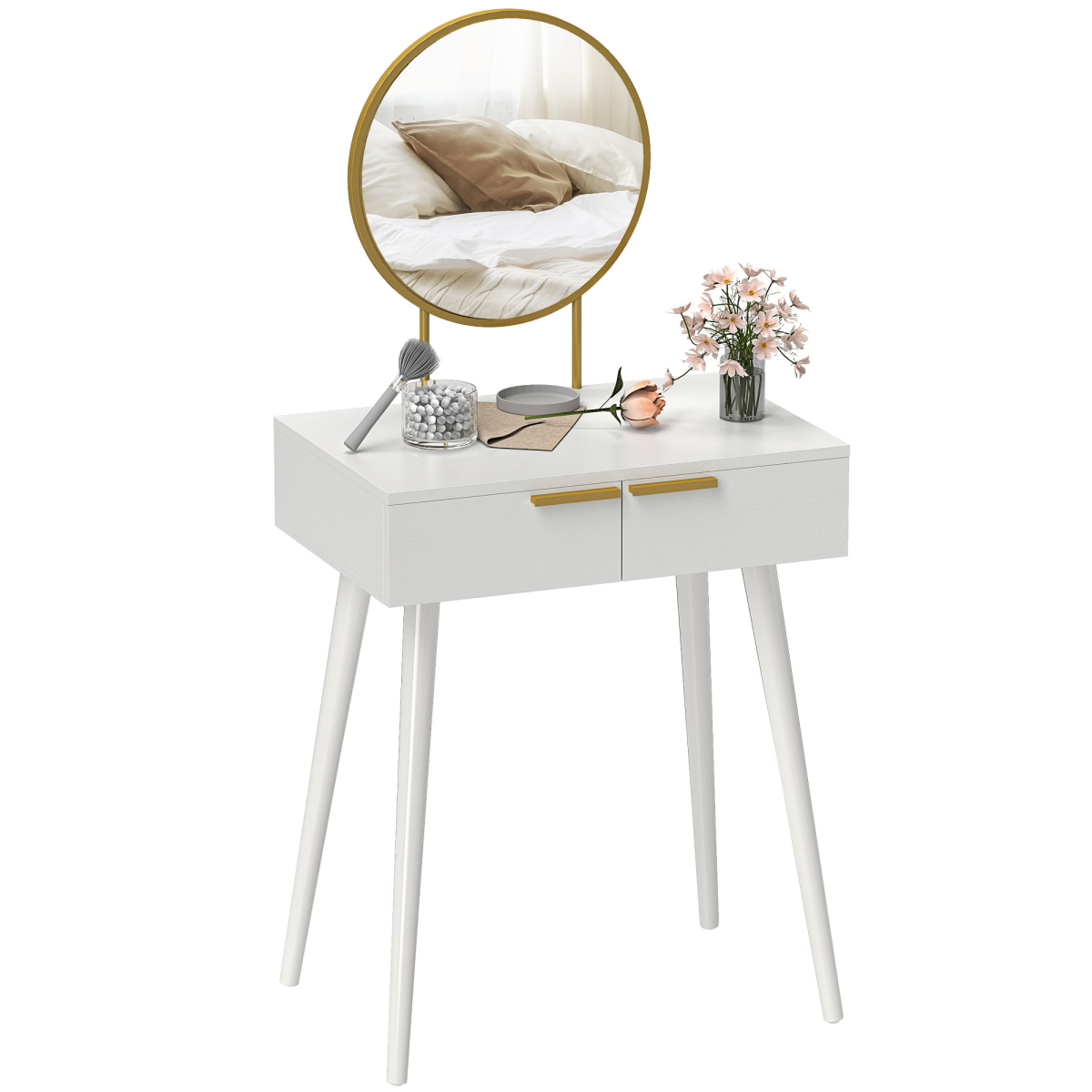 HOMCOM Modern Dressing Table w/ 2 Drawers Round Mirror for Bedroom White HOMCOM
