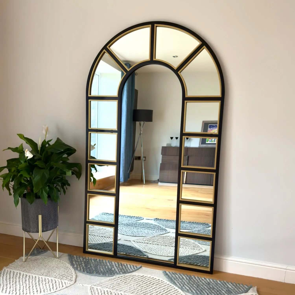 Mio - Full Length Black & Gold Metal Arched Window Mirror - 180cm x 105cm.