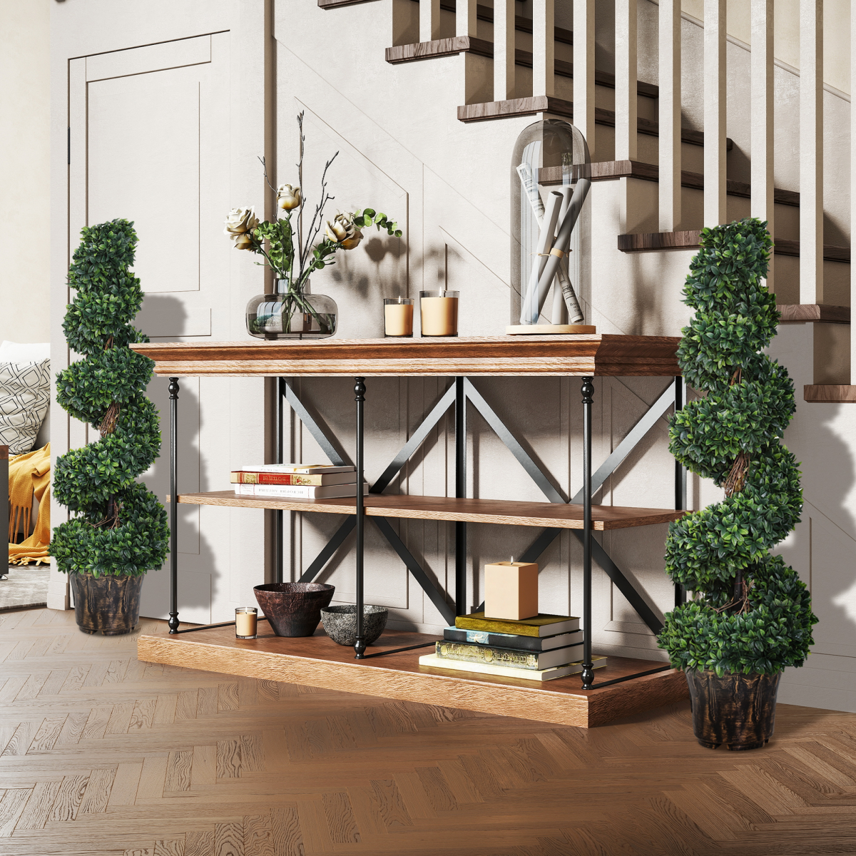 PE Set of 2 Artificial Boxwood Spiral Topiary Plant Tree's Green