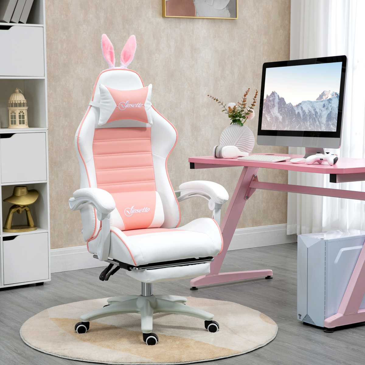 Vinsetto Racing Style Gaming Chair with Footrest Removable Rabbit Ears, Pink Vinsetto