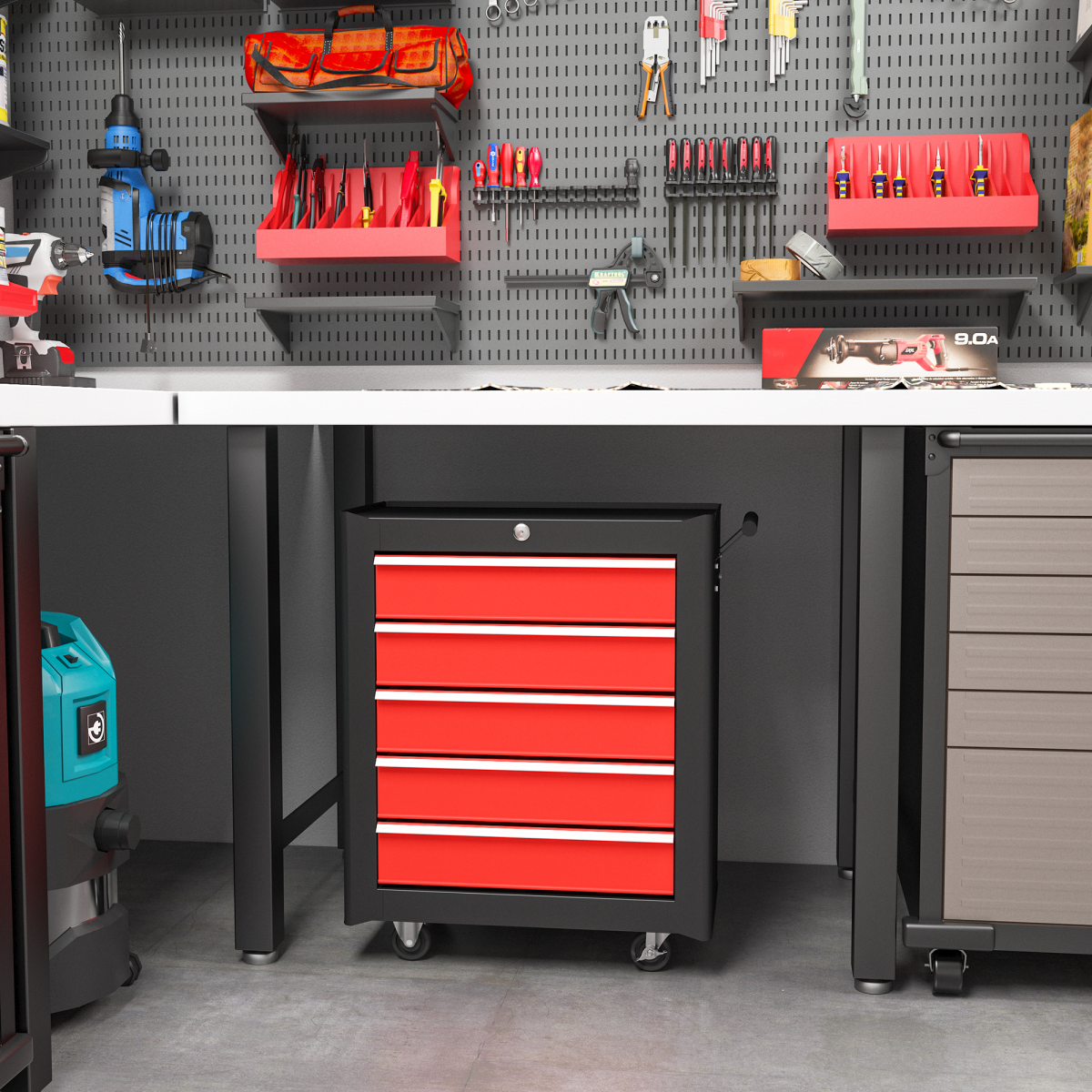 HOMCOM 5-Drawer Tool Chest Steel Lockable Tool Storage Cabinet w/ Wheels Red HOMCOM