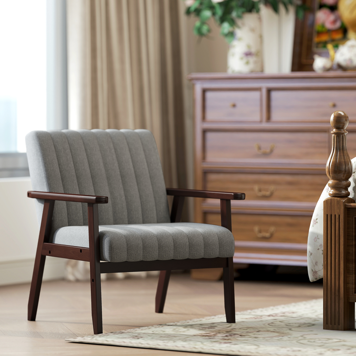 HOMCOM Modern Accent Chair Upholstered Armchair for Bedroom Living Room Grey HOMCOM