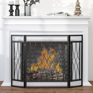 3-Panel Folding Fireplace Screen Metal Mesh Fire Spark Guard Black HOMCOM