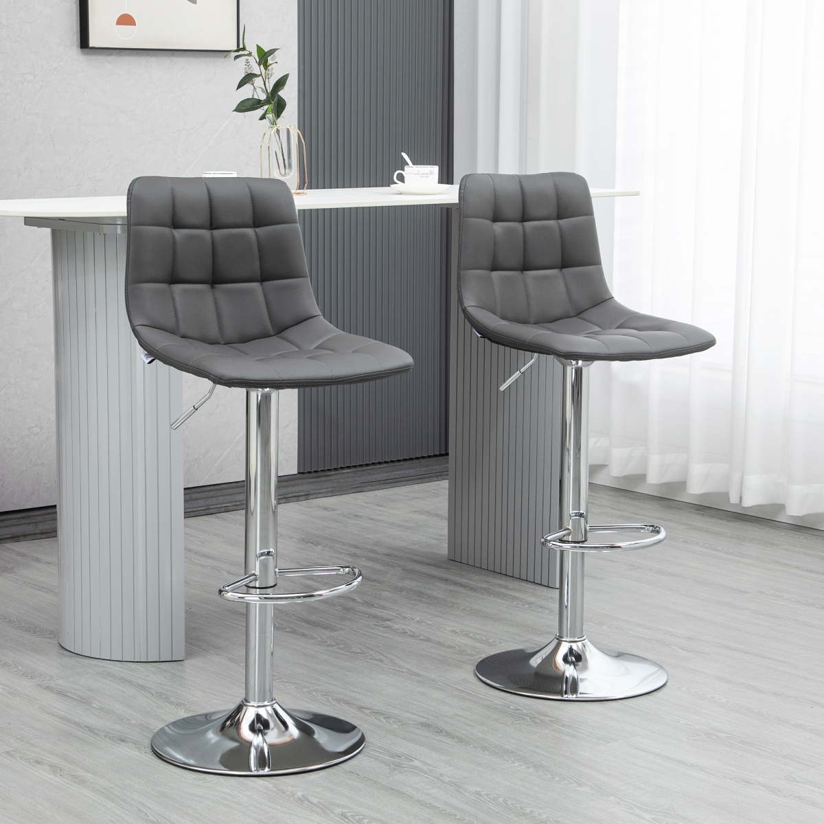 Set of 2, Adjustable Breakfast Dining Stools Swivel and Footrest, Grey HOMCOM
