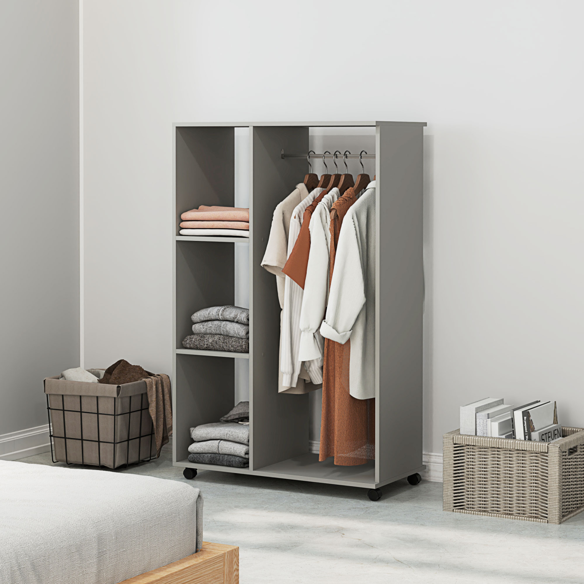 HOMCOM Rolling Open Wardrobe Hanging Rail Storage Shelves for Clothes, Grey HOMCOM
