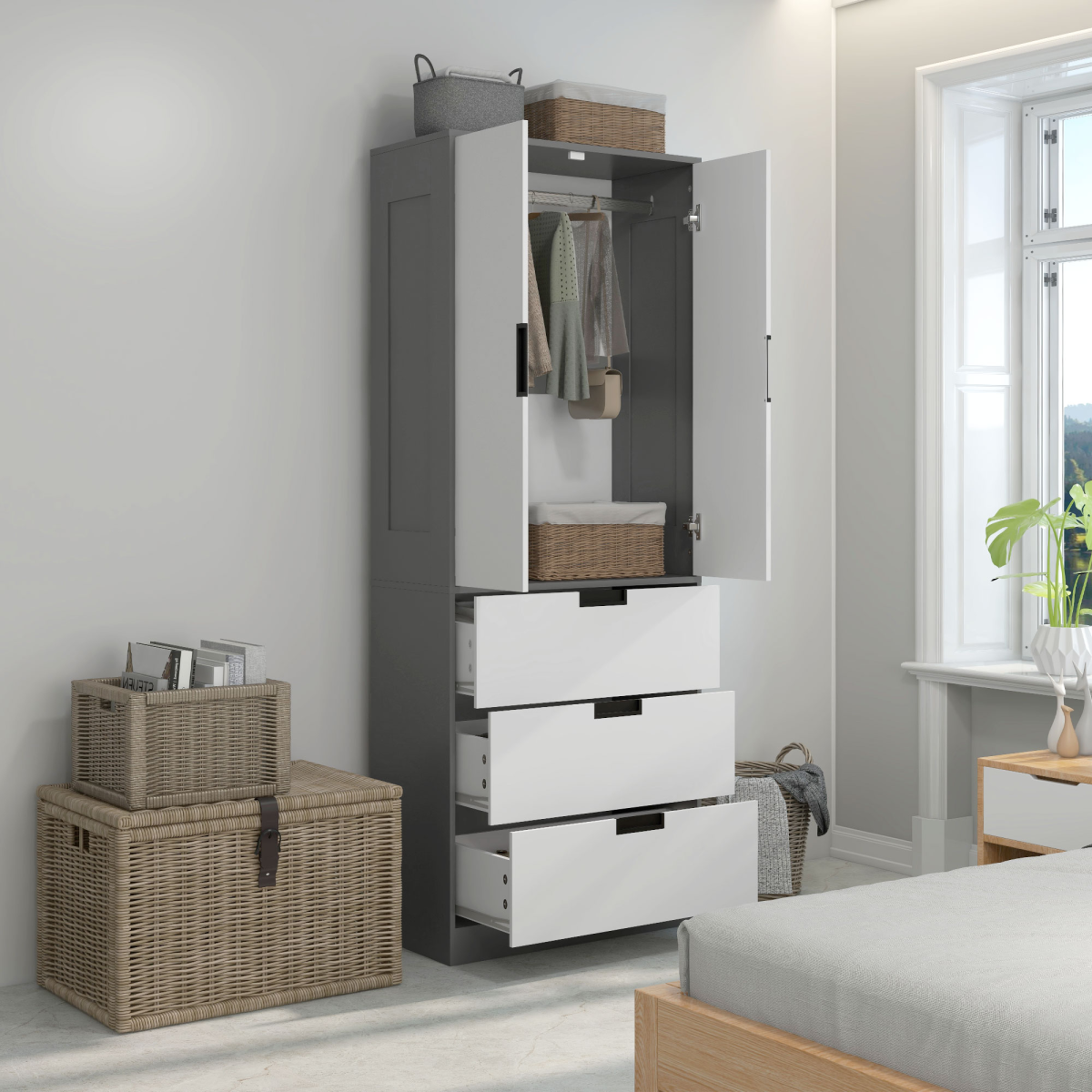 HOMCOM 2 Door Wardrobe Grey Wardrobe with 3 Drawer and Hanging Rod for Bedroom HOMCOM