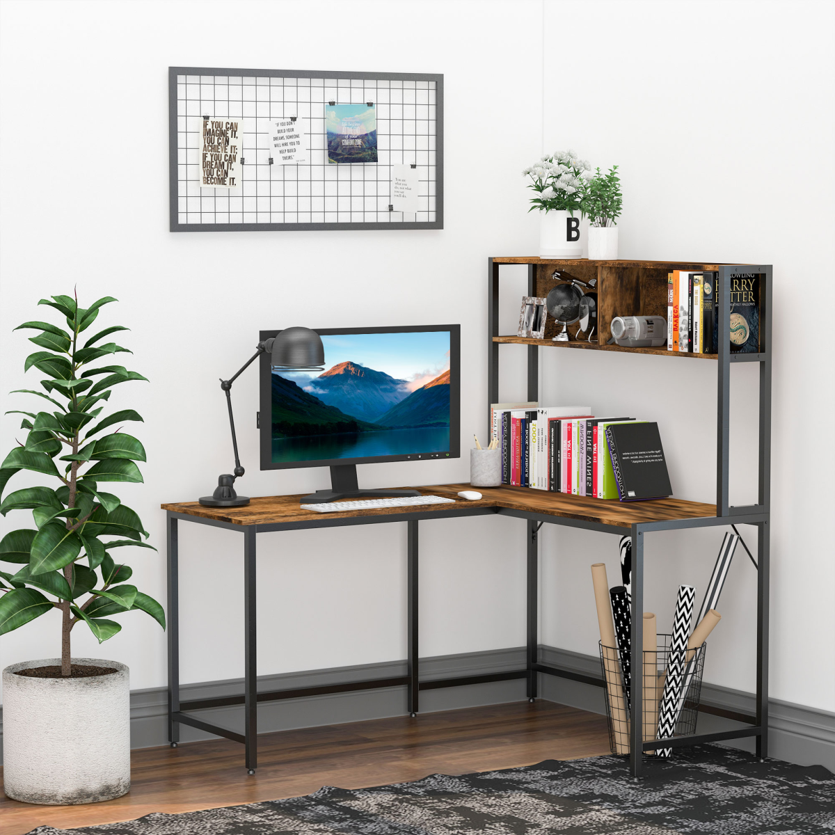149x140x125cm Industrial L-Shaped Desk w Shelf - Brown & Black HOMCOM