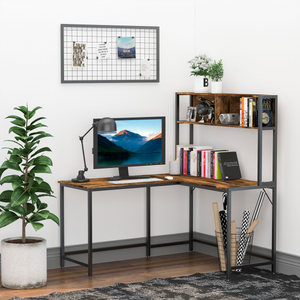 149x140x125cm Industrial L-Shaped Desk w Shelf - Brown & Black HOMCOM