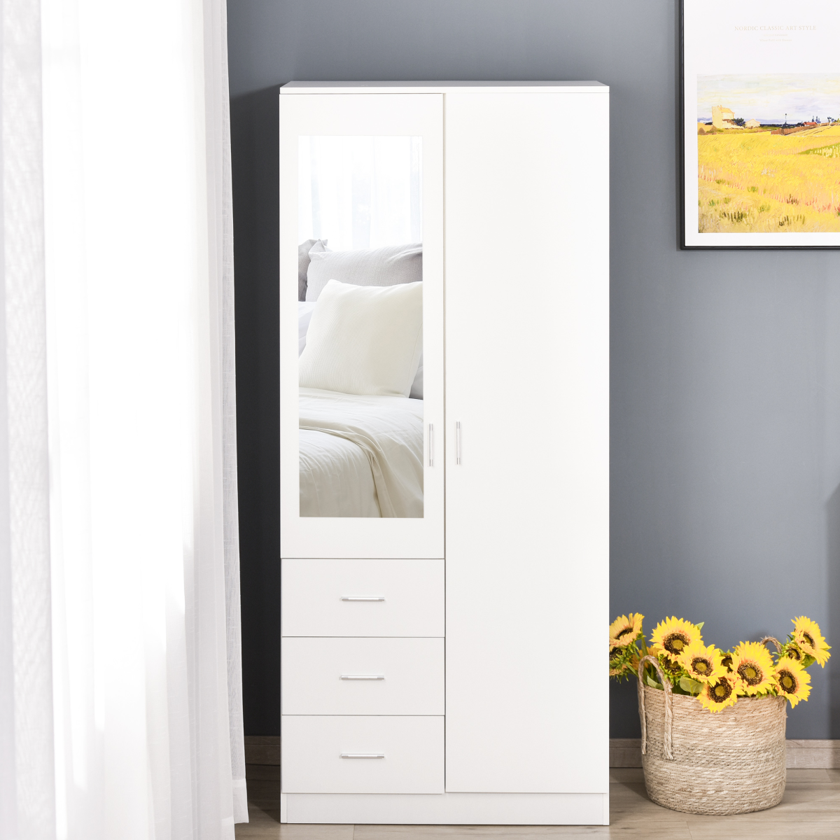 2-Door Wardrobe w/ Adjustable Shelf 3 Drawers for Bedroom, 180cm, White Unbranded