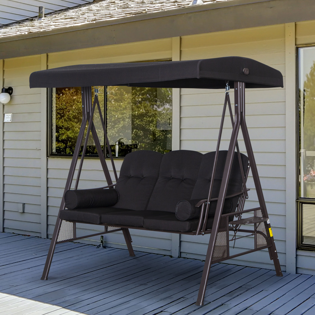 Outsunny 3 Seater Garden Swing Chair Patio Swing Bench w/ Cup Trays Black Outsunny