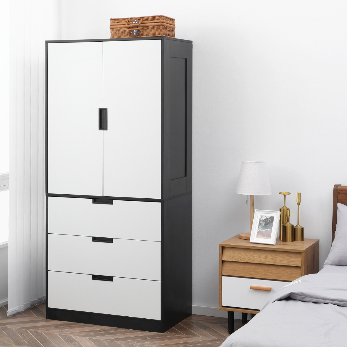 2 Door Wardrobe Modern Wardrobe with 3 Drawer and Hanging Rod for Bedroom White HOMCOM