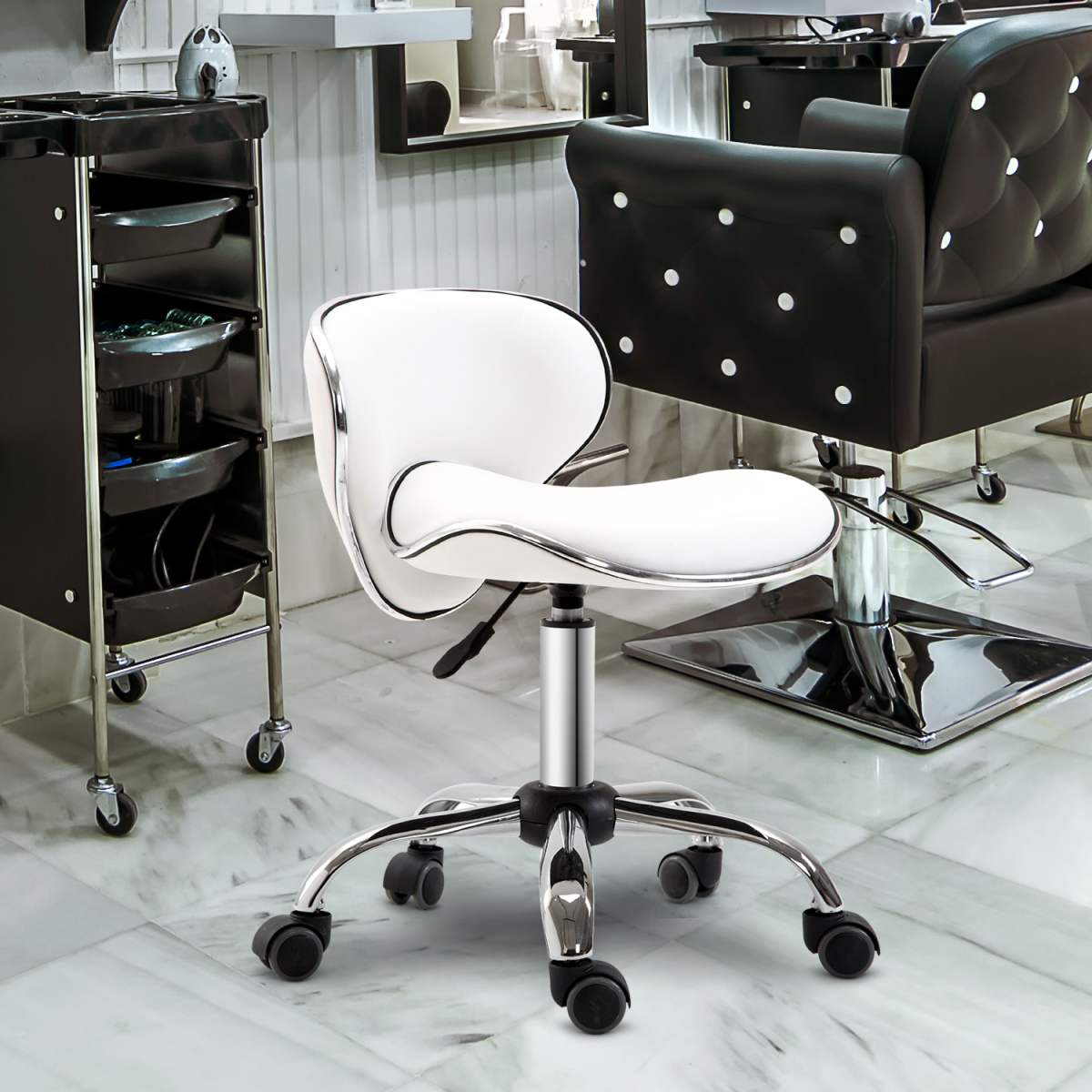 Office Chair Beauty Salon Rolling Technician Stool Chair Low Back White HOMCOM Unbranded