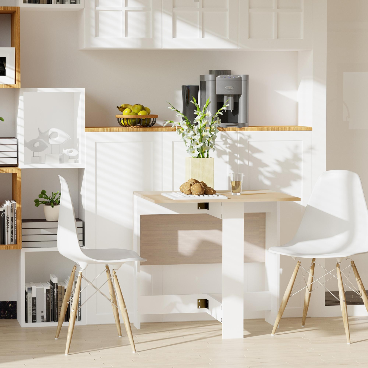 Drop Leaf Table Folding Dining Space Saving-Oak White Colour HOMCOM