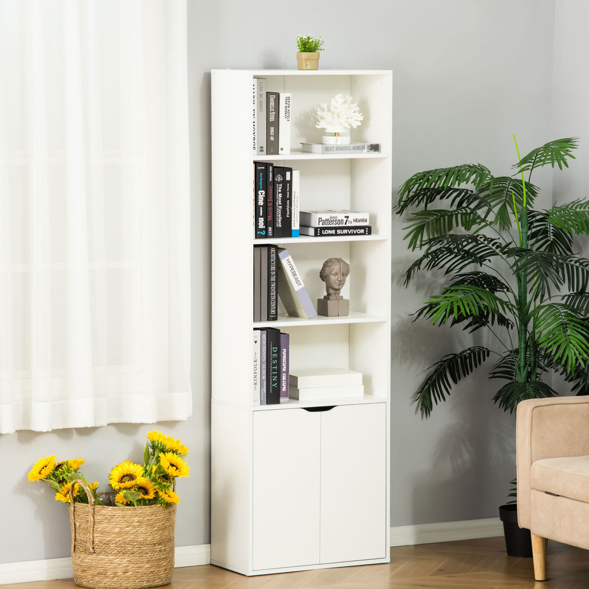 2 Door 4 Shelves Bookcase Wooden Storage Cabinet Display Unit White Unbranded