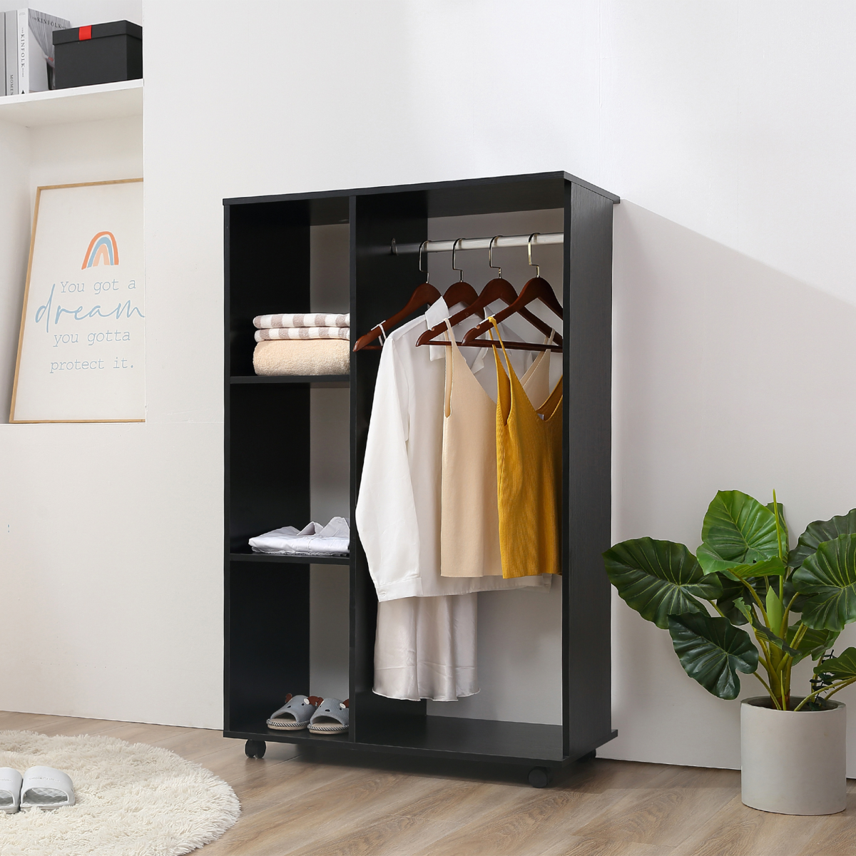 Rolling Open Wardrobe Hanging Rail Storage Shelves for Clothes, Black HOMCOM