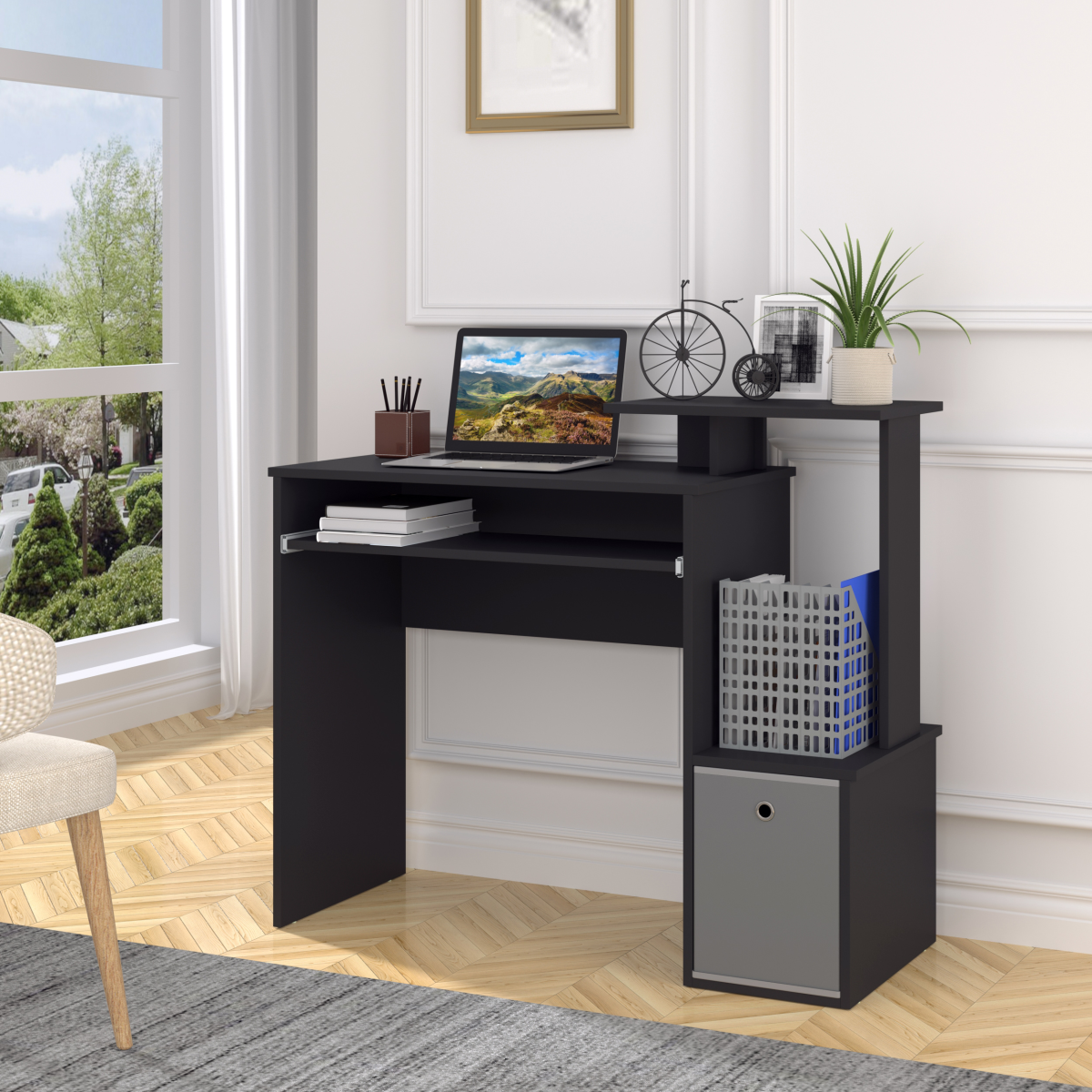 Computer Desk with Sliding Keyboard Tray Storage Drawer Shelf Black