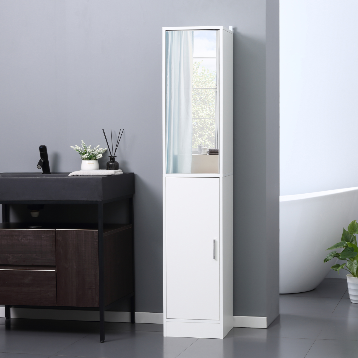 kleankin Tall Mirrored Bathroom Cabinet Tallboy Unit w/Adjustable Shelf White Unbranded