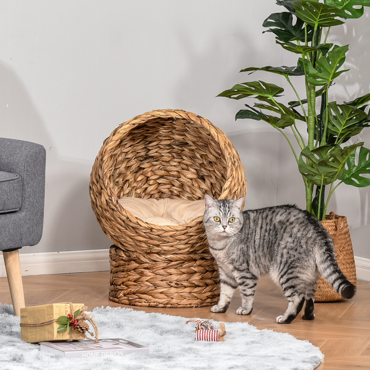 Wicker Cat House, Raised Cat Bed with Cylindrical Base, 42 x 33 x 52cm PawHut