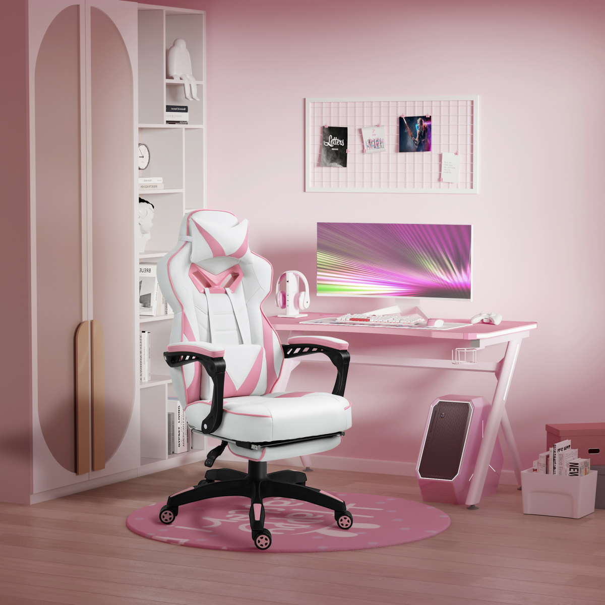 Gaming Chair Ergonomic Reclining w/ Manual Footrest Wheels Stylish Office Pink Vinsetto