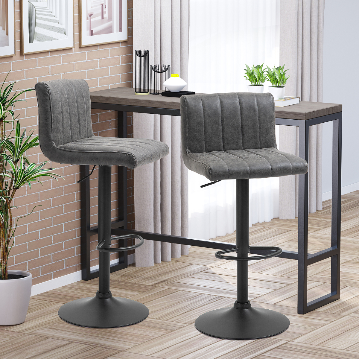 HOMCOM Barstools Set of 2 Adjustable Height Bar Chairs with Footrest, Grey Unbranded