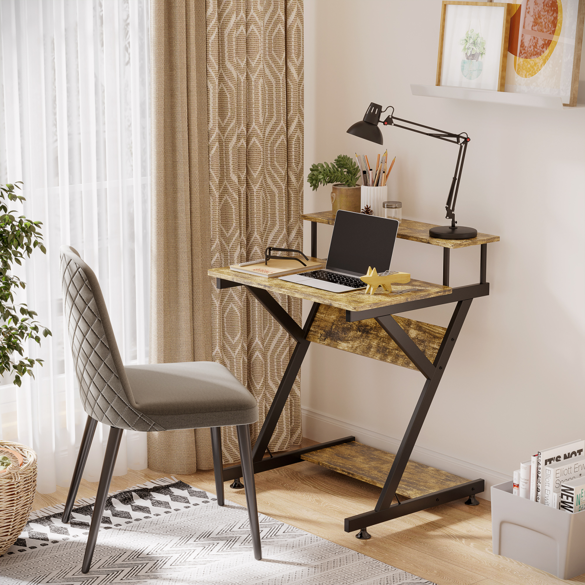 Computer Desk with Monitor Shelf and Storage, R Shaped Brown HOMCOM