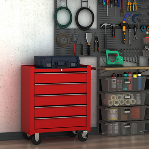 HOMCOM Tool Trolley with 5 Drawers Steel Tool Chest on Wheels with Handle Red HOMCOM