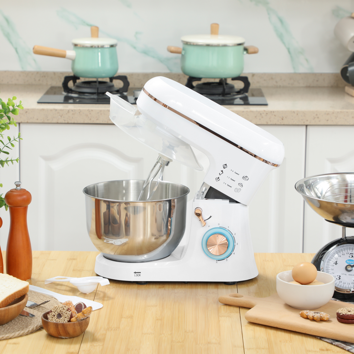 HOMCOM Electric Stand Mixer, 5L Food Mixer with Dough Hook, Whisk, White