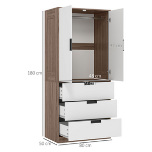 HOMCOM 2 Door Wardrobe Brown Wardrobe with 3 Drawer and Hanging Rod Brown HOMCOM