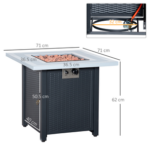 Square Propane Gas Fire Pit Table Rattan Smokeless Heater with Lava Rocks & Lid Outsunny