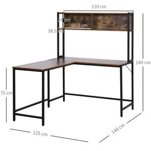 149x140x125cm Industrial L-Shaped Desk w Shelf - Brown & Black HOMCOM