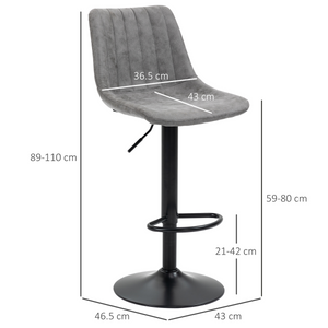 Set Of 2 Microfibre Retro Tub Bar Stools w/ Metal Frame Footrest Home Seat Grey HOMCOM