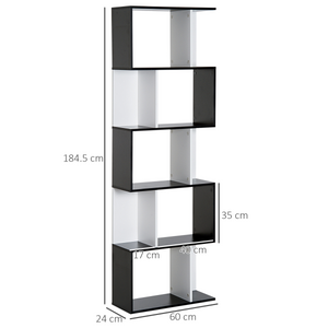 5-tier Bookcase Storage Display Shelving S Shape design Unit Divider Black HOMCOM