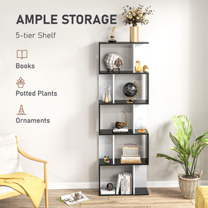 5-tier Bookcase Storage Display Shelving S Shape design Unit Divider Black HOMCOM
