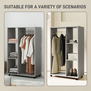 HOMCOM Rolling Open Wardrobe Hanging Rail Storage Shelves for Clothes, Grey HOMCOM
