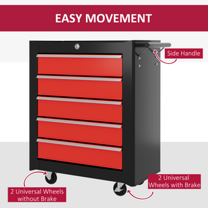 HOMCOM 5-Drawer Tool Chest Steel Lockable Tool Storage Cabinet w/ Wheels Red HOMCOM