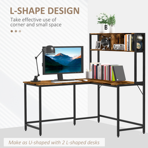 149x140x125cm Industrial L-Shaped Desk w Shelf - Brown & Black HOMCOM