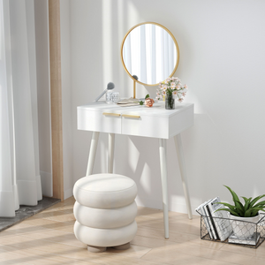 HOMCOM Modern Dressing Table w/ 2 Drawers Round Mirror for Bedroom White HOMCOM