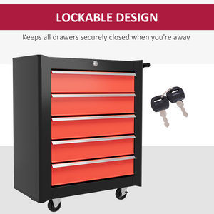 HOMCOM 5-Drawer Tool Chest Steel Lockable Tool Storage Cabinet w/ Wheels Red HOMCOM