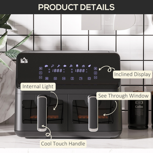 Dual Air Fryer 8L Family Size w/ 2 Basket 8 Presets Cookbook Timer 2500W HOMCOM