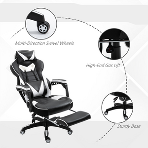 Gaming Chair Ergonomic Reclining w/ Manual Footrest Wheels Stylish Office White Unbranded