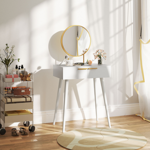 HOMCOM Modern Dressing Table w/ 2 Drawers Round Mirror for Bedroom White HOMCOM