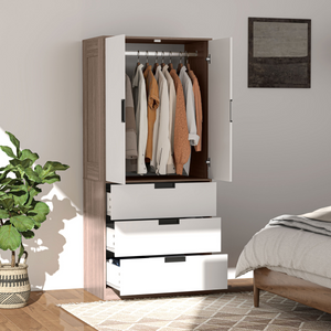 HOMCOM 2 Door Wardrobe Brown Wardrobe with 3 Drawer and Hanging Rod Brown HOMCOM