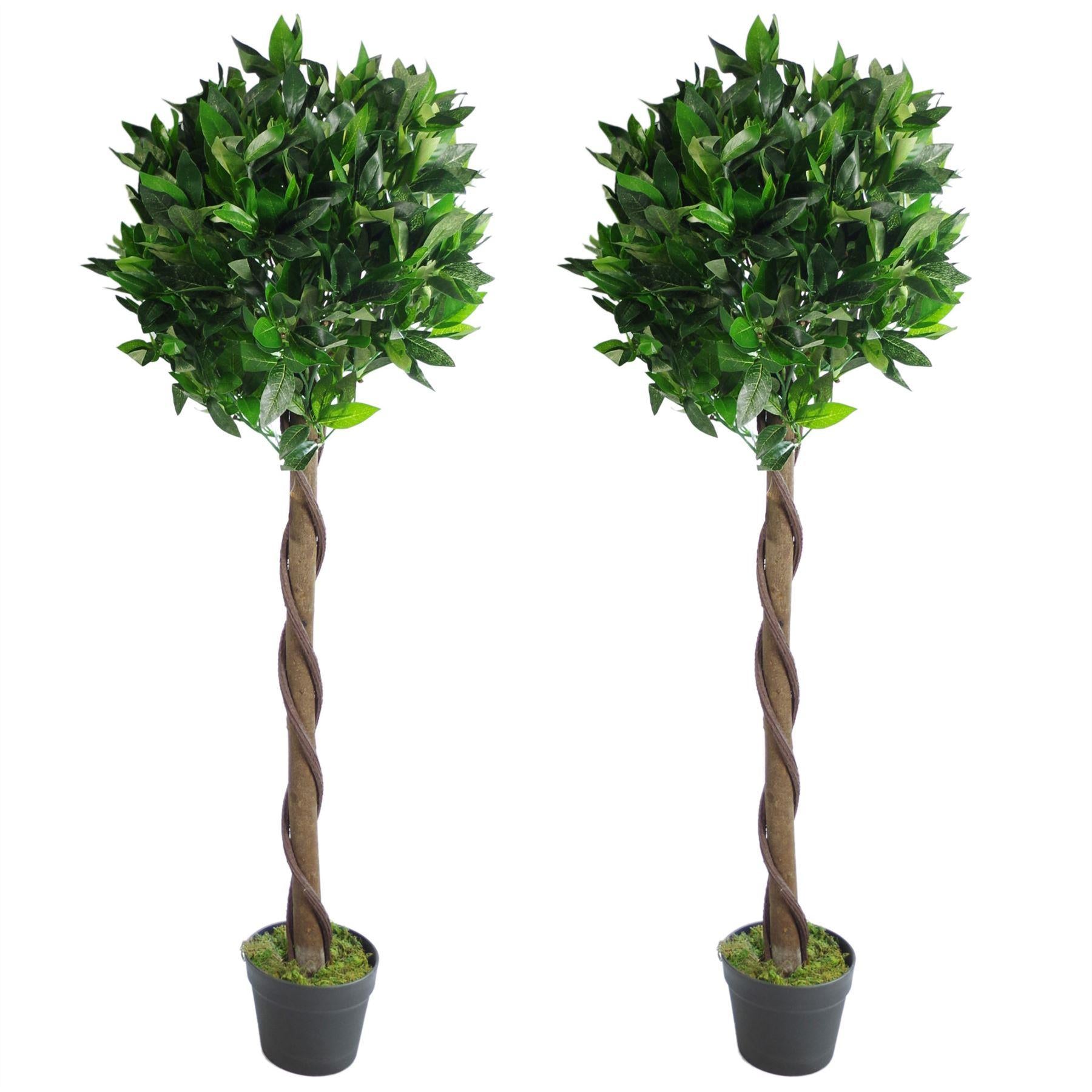 Pair of 120cm (4ft) Twist Natural Artificial Topiary Bay Laurel Ball Trees Leaf