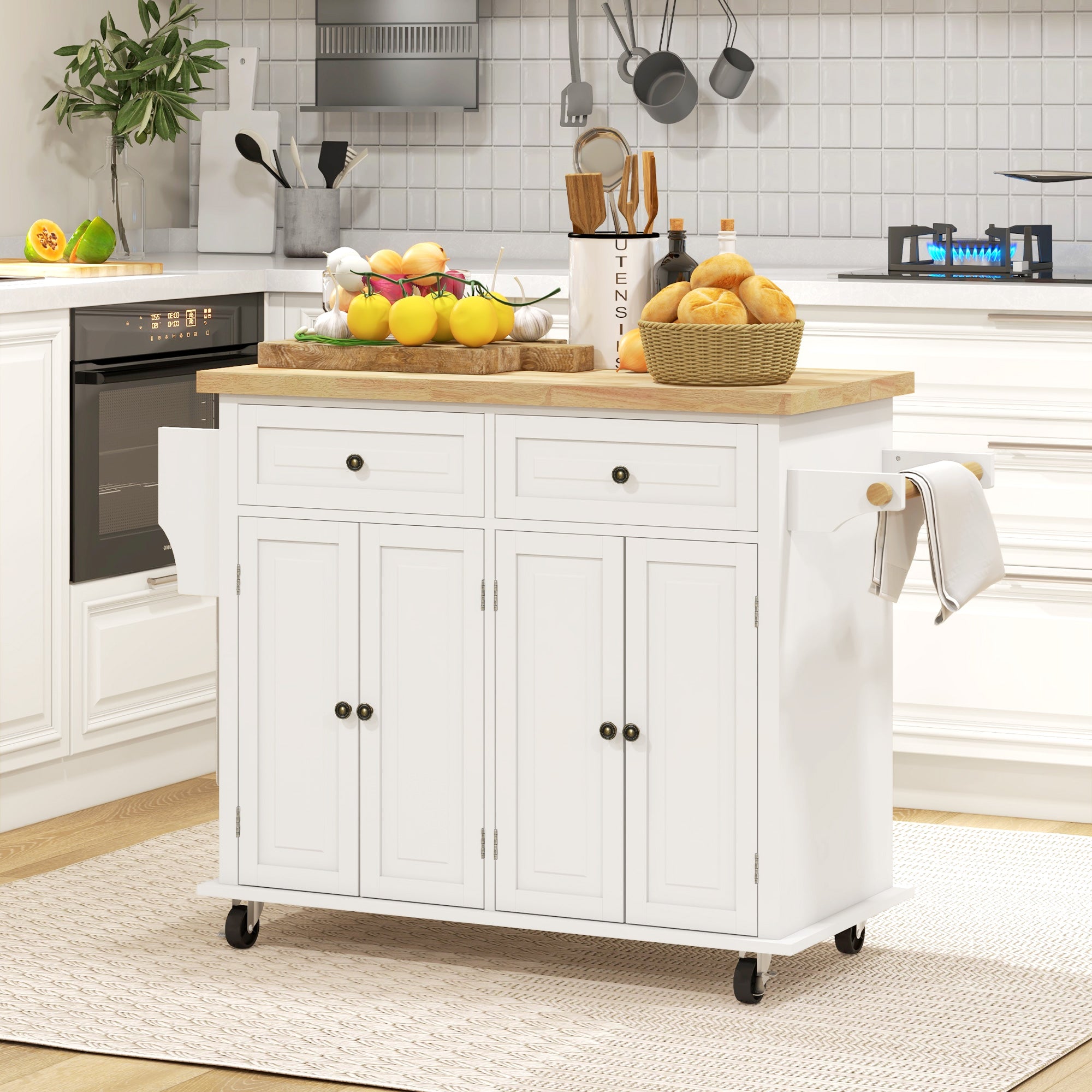 HOMCOM Rolling Kitchen Island Cart with Rubber Wood Top, Spices Cream White