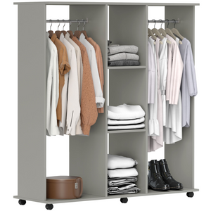 HOMCOM Mobile Double Open Wardrobe w/ Clothes Hanging Rail Clothing Grey HOMCOM