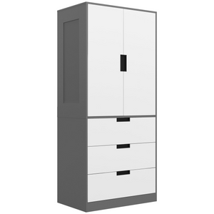 HOMCOM 2 Door Wardrobe Grey Wardrobe with 3 Drawer and Hanging Rod for Bedroom HOMCOM