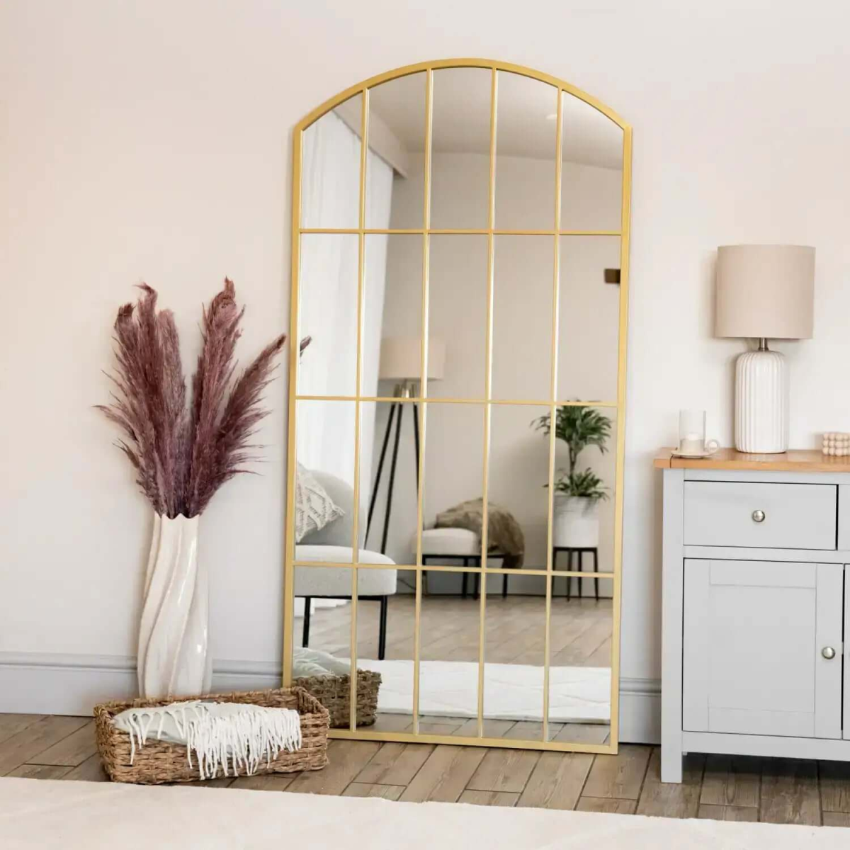 Tomi - Full Length Gold Metal Arched Lattice Window Mirror - 150cm x 60cm.