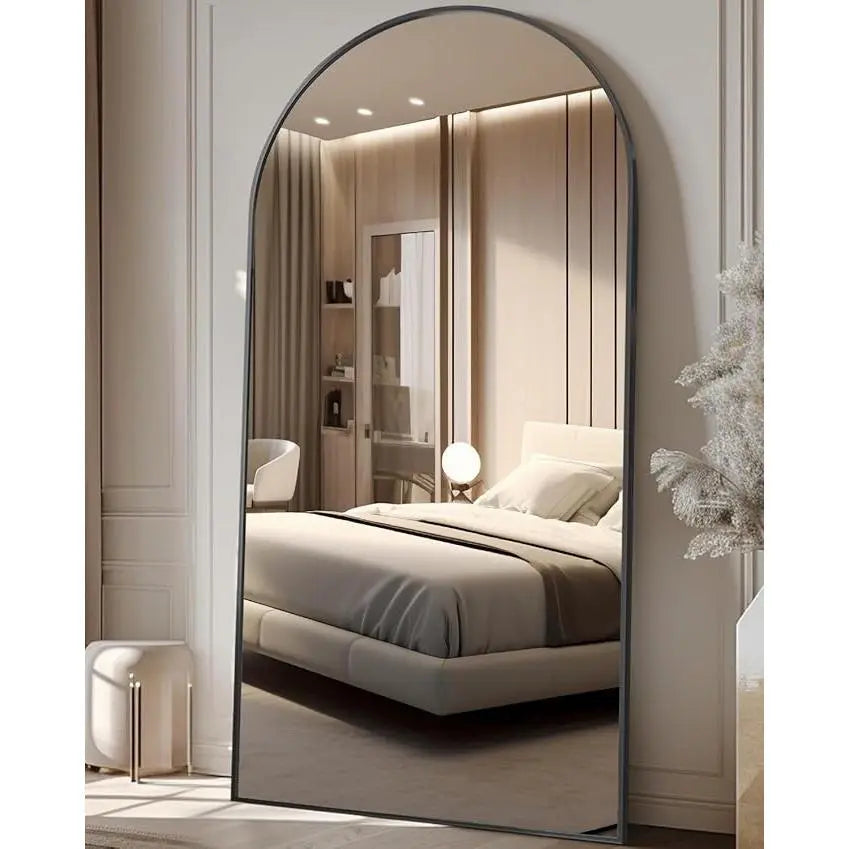 Arched/Right Angle 71"X26" Full Length Mirror Full Body Floor Mirror Standing Hanging or Leaning Wall, Arch Wall Mirror with Stand Aluminum Alloy Thin Frame for Bedroom Cloakroom,Black 64"X21" 59"X16"Arched Full-Length Mirror with Explosion-Proof HD Glass
