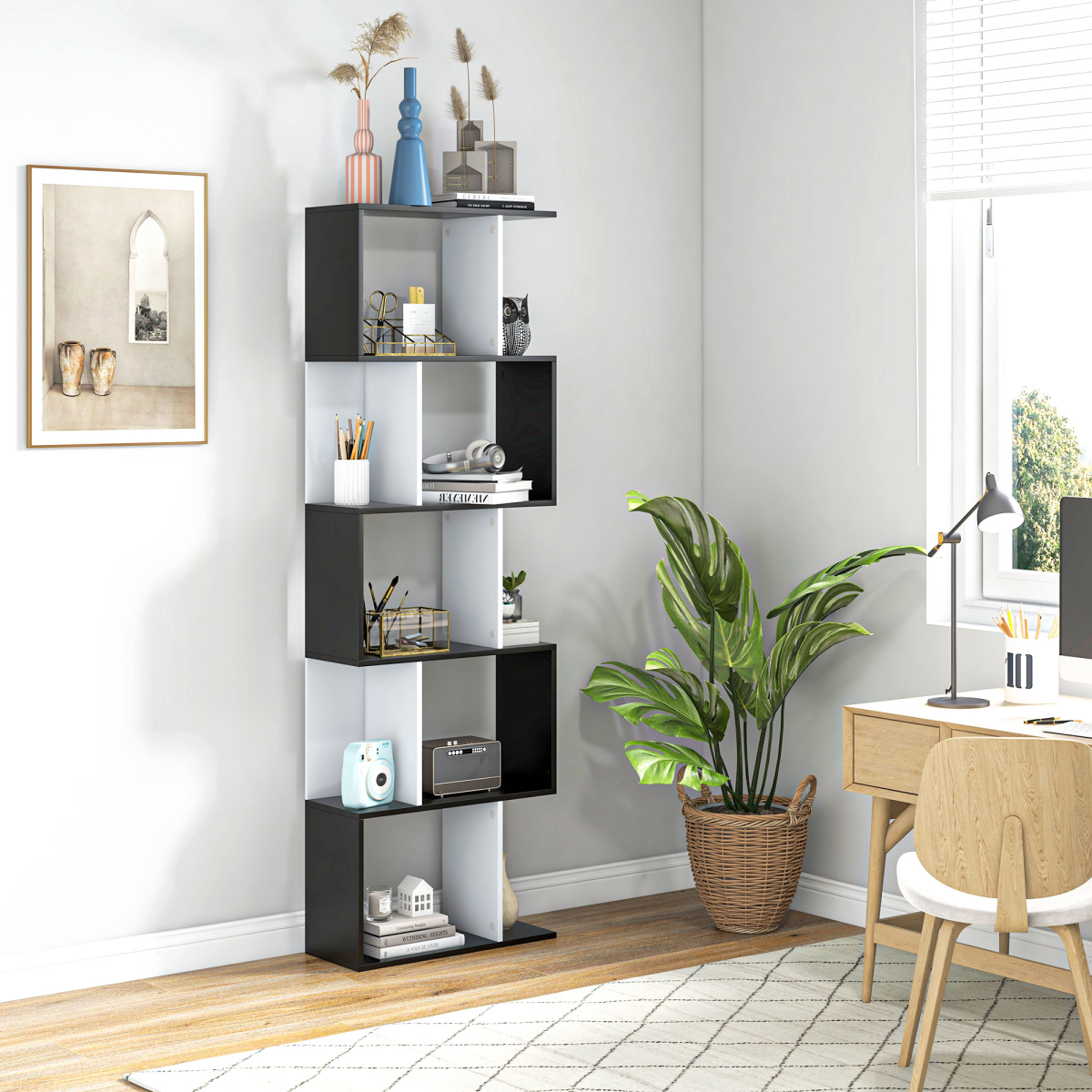 5-tier Bookcase Storage Display Shelving S Shape design Unit Divider Black HOMCOM