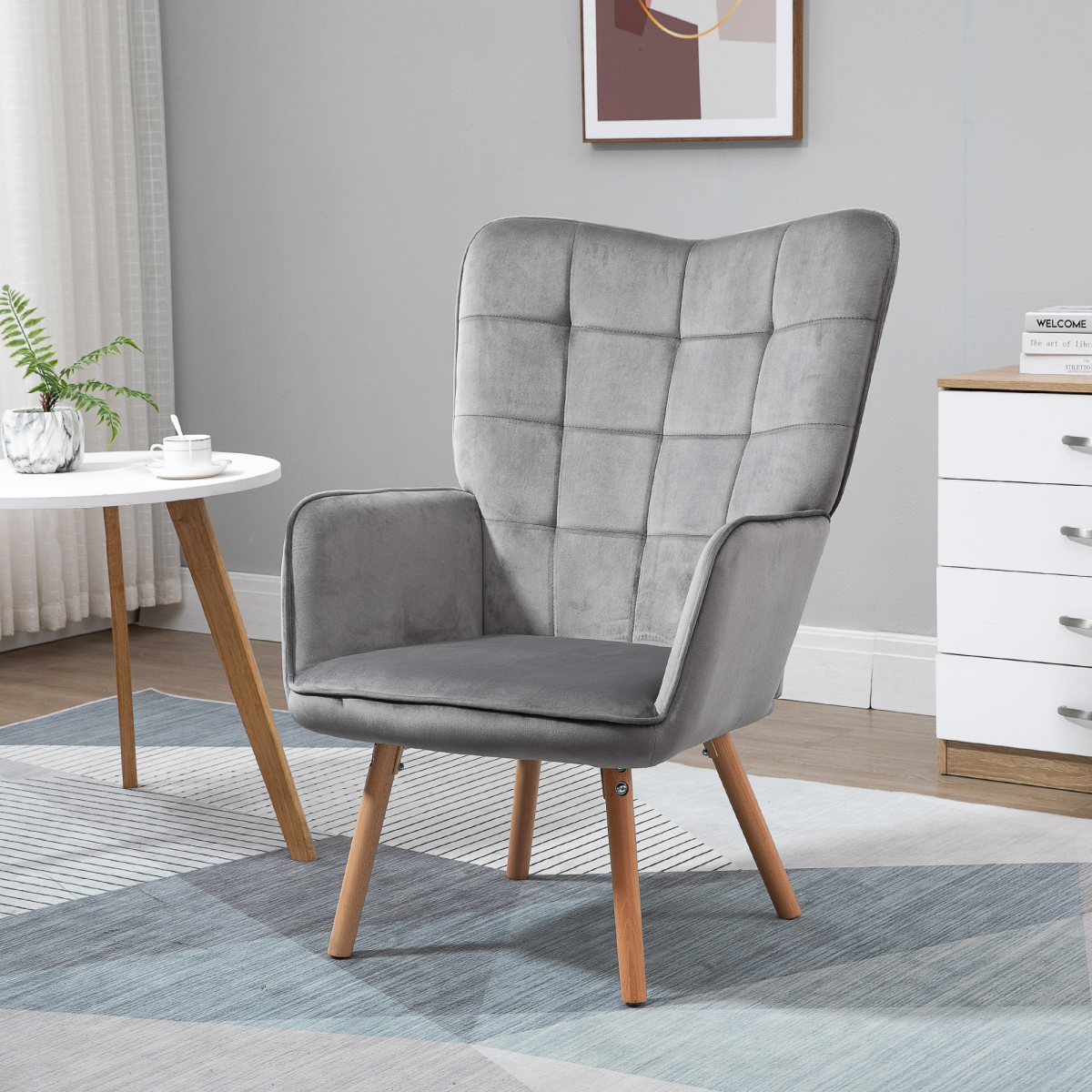 HOMCOM Modern Accent Chair Velvet-Touch Tufted Wingback Armchair Grey Unbranded